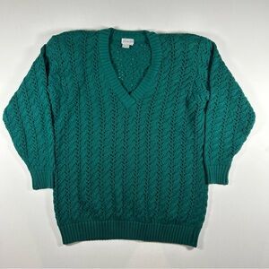 VTG 90s Everfit Cable Knit Sweater V Neck CeltICGreen Womans S Oversize Cotton